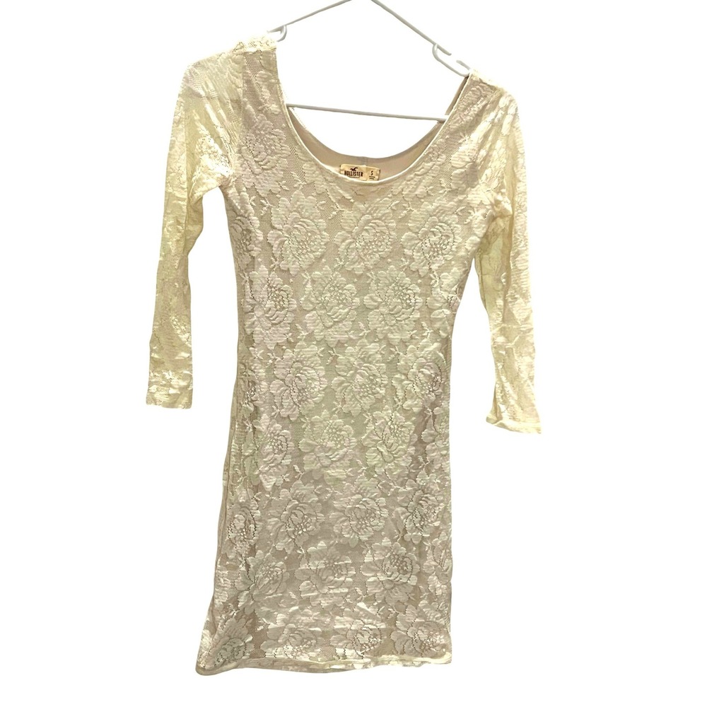 Hollister Cream Floral Lace Bodycon Mini Dress 3/4 Sleeve Scoop Neck Womens S